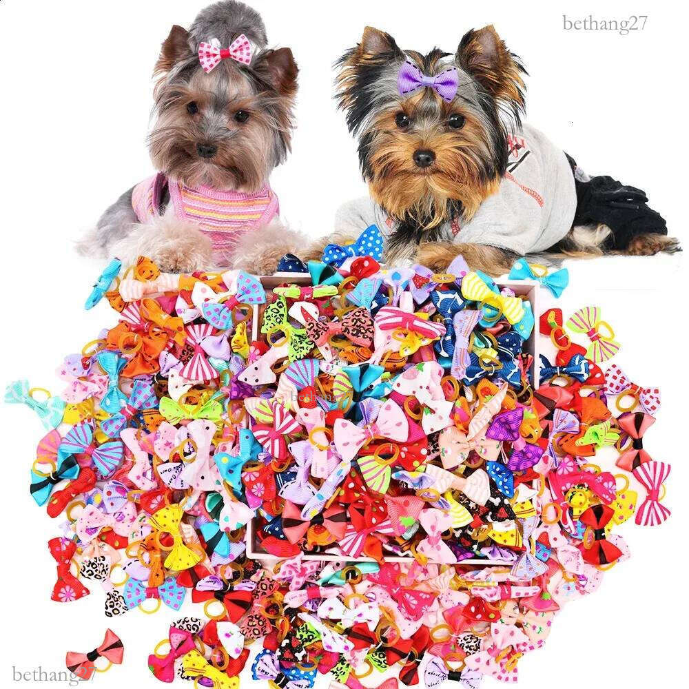 100PCS Puppy Bow Handmade Movable Pet Dog Grooming Hair Accessories Dog Bows With Rubber Band For Small Dog and Cat Pet Products 240723