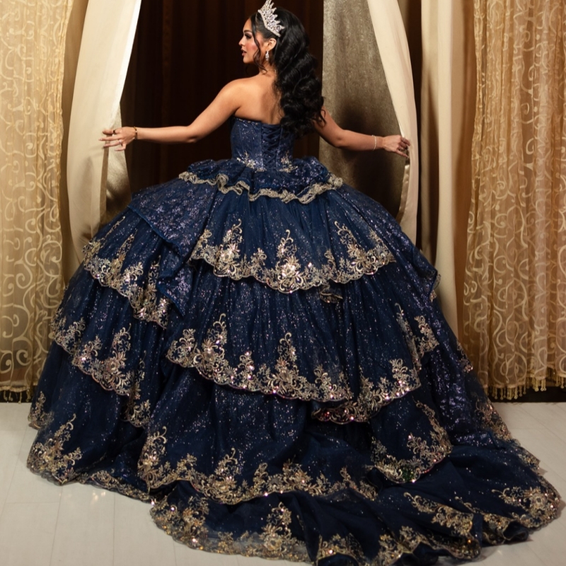 Navy Blue Shiny Quinceanera Dresses Off The Shoulder Gold Applique Lace Beading Crystal Tiered Tull Corset Party Birthday Sweet 16 Dres Vestidos 15 An