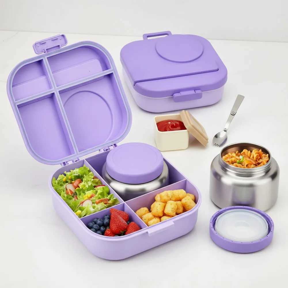 4-Compartment Bento Lunch Box with 12oz Soup Thermos Leak-Proof Insulated Food Container for Travel Work PurpleM251121