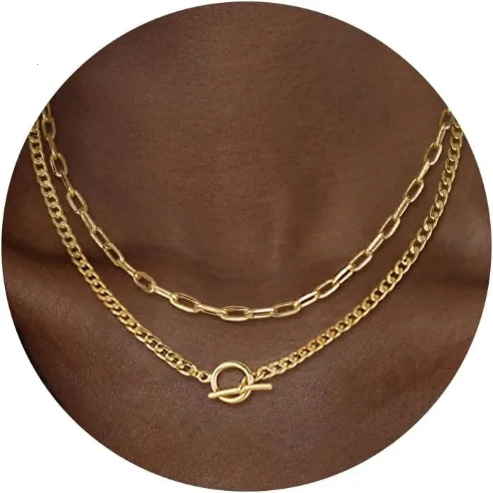 Gold plated necklace gold womens Cuban chain paper clip switch buckle jewelry 250421