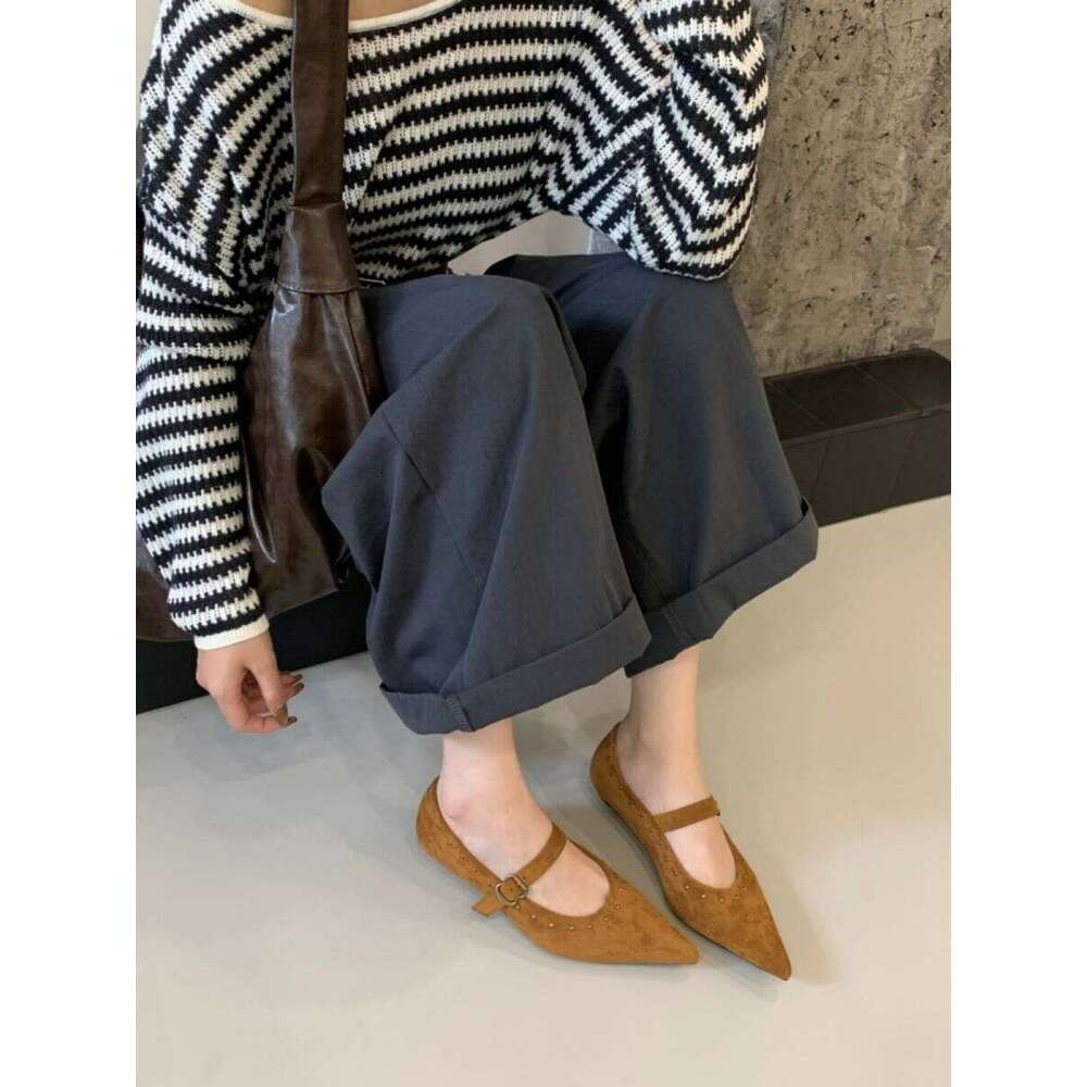 Khaki Rivet Designer Shoe Flat Heel Fall pointed toe Elegant Mary Jane womens dress Shoes