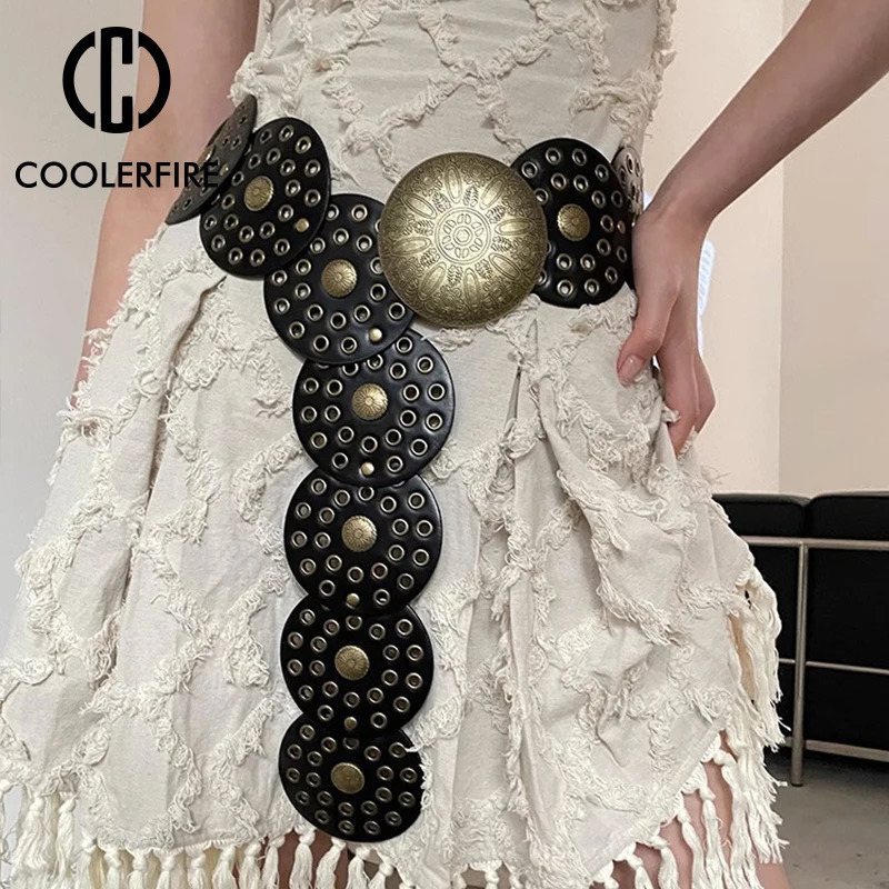 Y2K Womens Denim Western Belt Metal Hollow Ladies Trend Wide Waistband Belt for Dresses Women Round Belt Vintage 250603