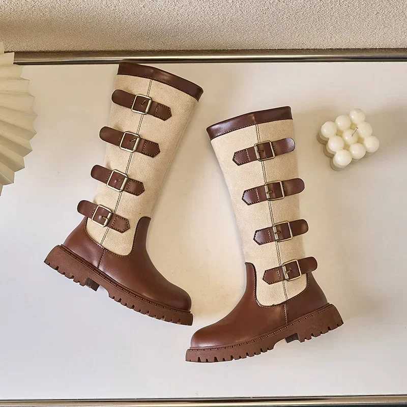 Children High Boots for Girls 2024 Autumn Winter New Fashion and Comfortable British Style Casual Versatile Trendy Leather ShoesW251121