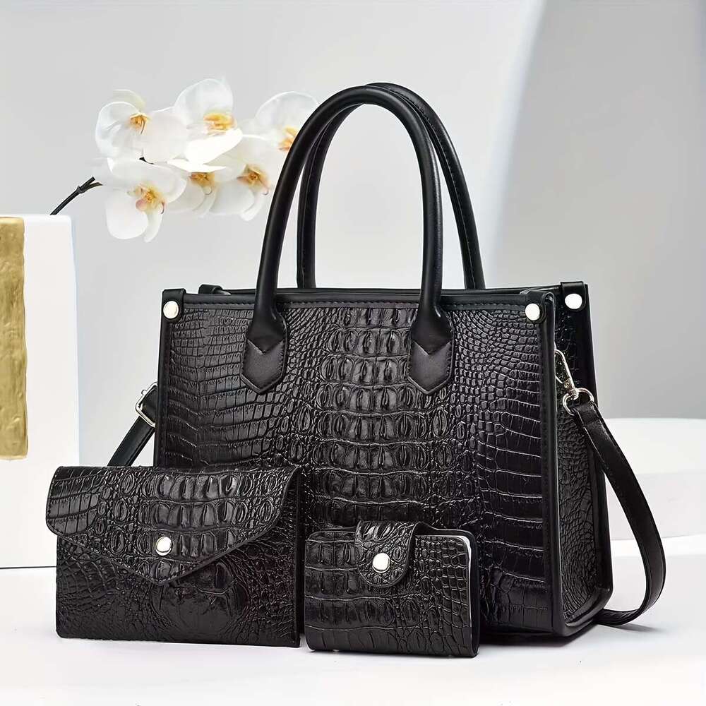 Light Luxury High-End Genuine Leather Crocodile Pattern Handbag Fashion Trend Large Capacity Middle-Aged Mom Shoulder Three-Piece Set Letter Bag