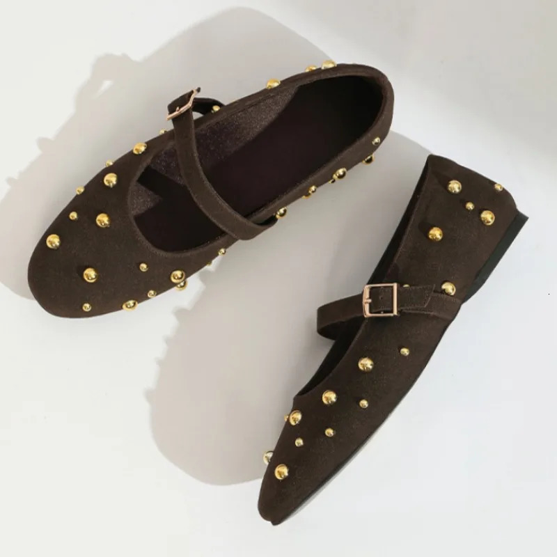 Summer Mary Jane Shoes for Women Fashion Rivet Suede Classic Retro Brown Casual Soft Bottom Comfortable Ladies Flats 251121