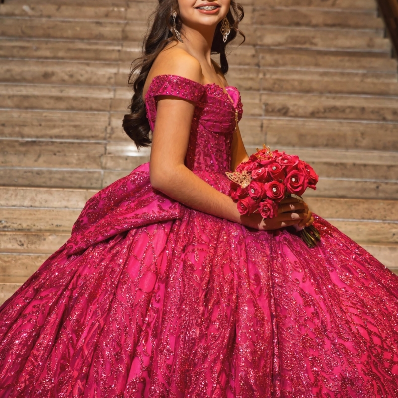 Rose Red Shiny Princess Quinceanera Dresses Off Shoulder Sequin Applique Beading Crystal Bow Tull Sweet 16 Dress Ball Gown Vestidos 15 De Anos