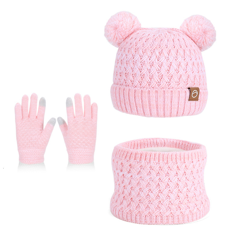 Children's Winter Hat Outdoor Warm Three-Piece Set Cute Bear Knitted Wool Hat Boys and Girls Fleece-Lined Ear Protection Pullover Hat free shippi