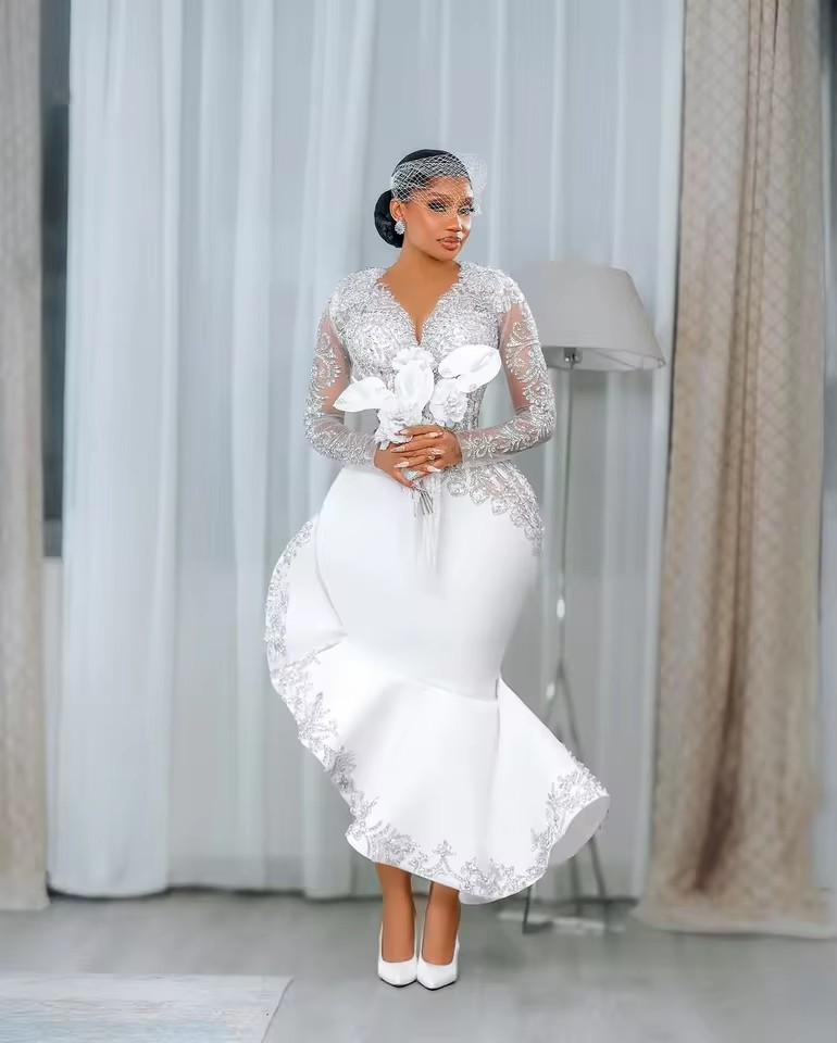 Exquisite White Mermaid Wedding Dresses 2026 One Crystal Appliques Gown V Neck Long Sleeves Ankle Length Dress Party Customized