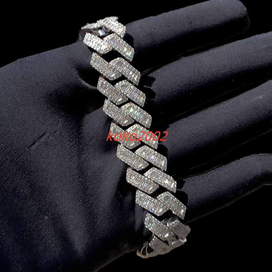 Custom Cuban Bracelet S925 Silver Gold Plated Bagutte Moissanite 15mm Cuban Link Bracelet