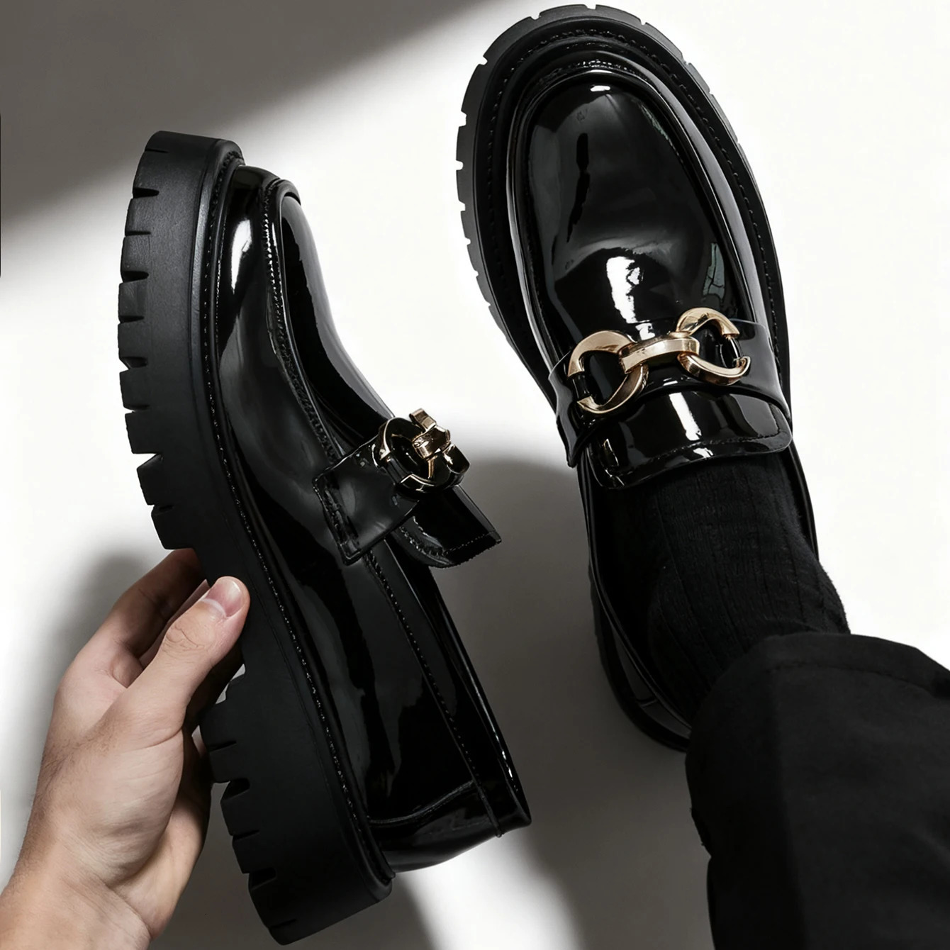 Fashion Thick Sole Mens Penny Loafers SlipOn Business Dress Shoes for Gentleman Metal Buckle Formal Black Glossy 251121