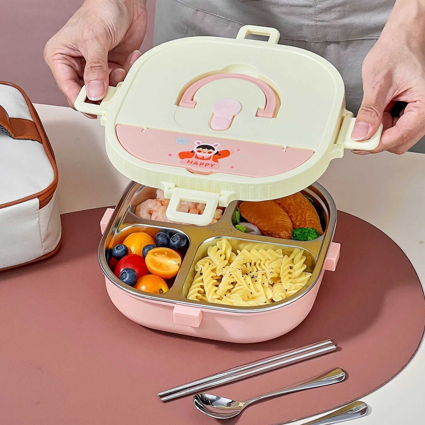 WORTHBUY 4/5 Compartment Portable Bento Lunch Box Microwave Safe Sealed 304 Stainless Steel Lunch Container Set For Kids StudentM251121