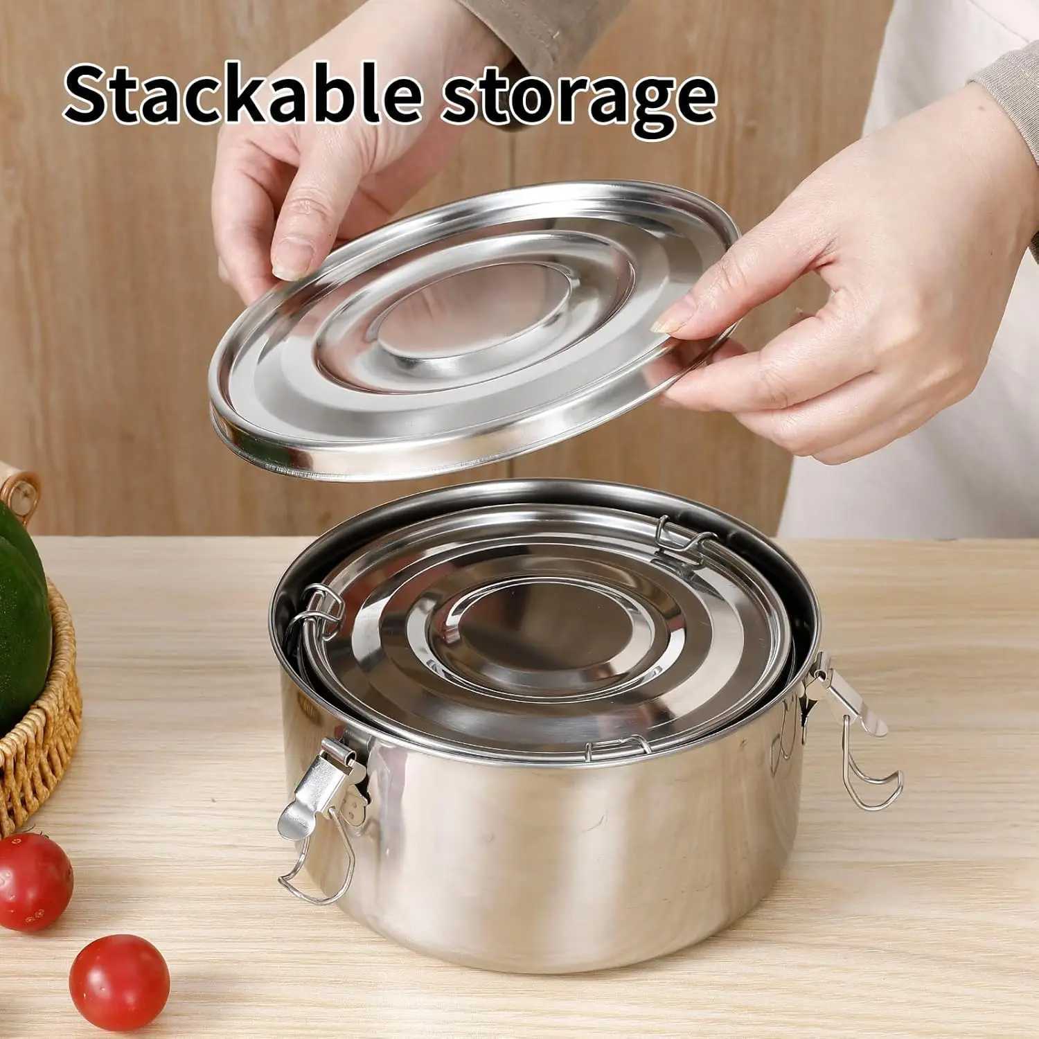 Stainless Steel Round Lunch Box with Lid Portable Leak-Proof Bento Boxes Food Storage Container Camping Picnic Bowl ContainersM251121