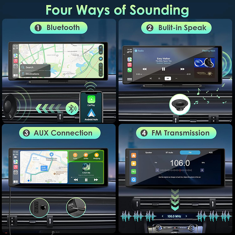10.26 inch Wireless Portable Carplay Car Android Auto Screen with HD Dash Cam, Backup Camera, Bluetooth FM Transmitter For All Cars