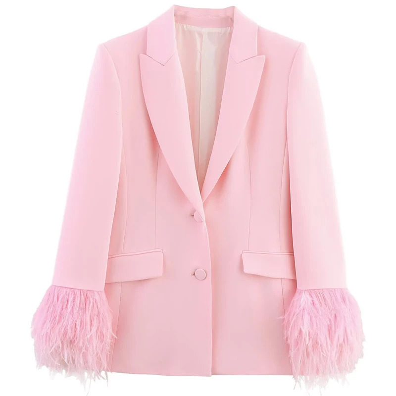 HXAO Womens Suit Pink Feather Blazer Woman Autumn Elegant Woman Blazer Long Sleeve Fitted Jacket Chic And Elegant Blazers 251121