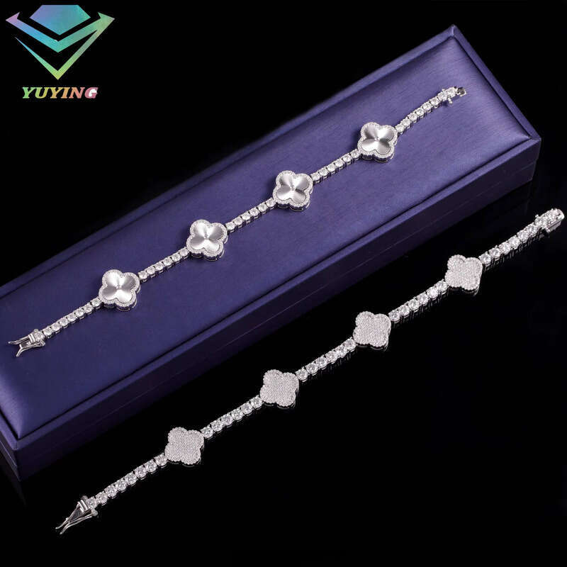 Fashion Four-Leaf Lucky S Sier 3mm Moissanite Laser Engraved Clover Tennis Chain Jewelry Bracelet