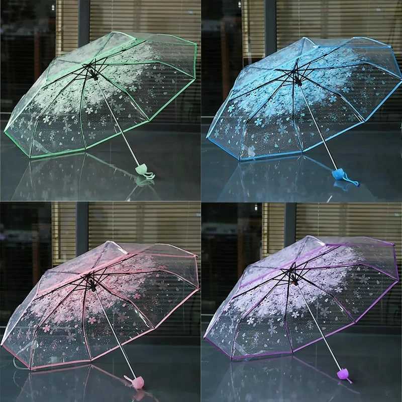 Creative Hand Movement Transparent Male Female Umbrella Cherry Blossom Style Personalized Couple Student Clear Beach UmbrellaM251122