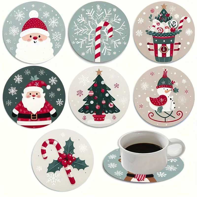 7PCS Christmas Santa Wood Coaster Set - Festive Holiday Drink Mats for Coffee Tea Perfect for Home Decor Restaurant Tables C251122