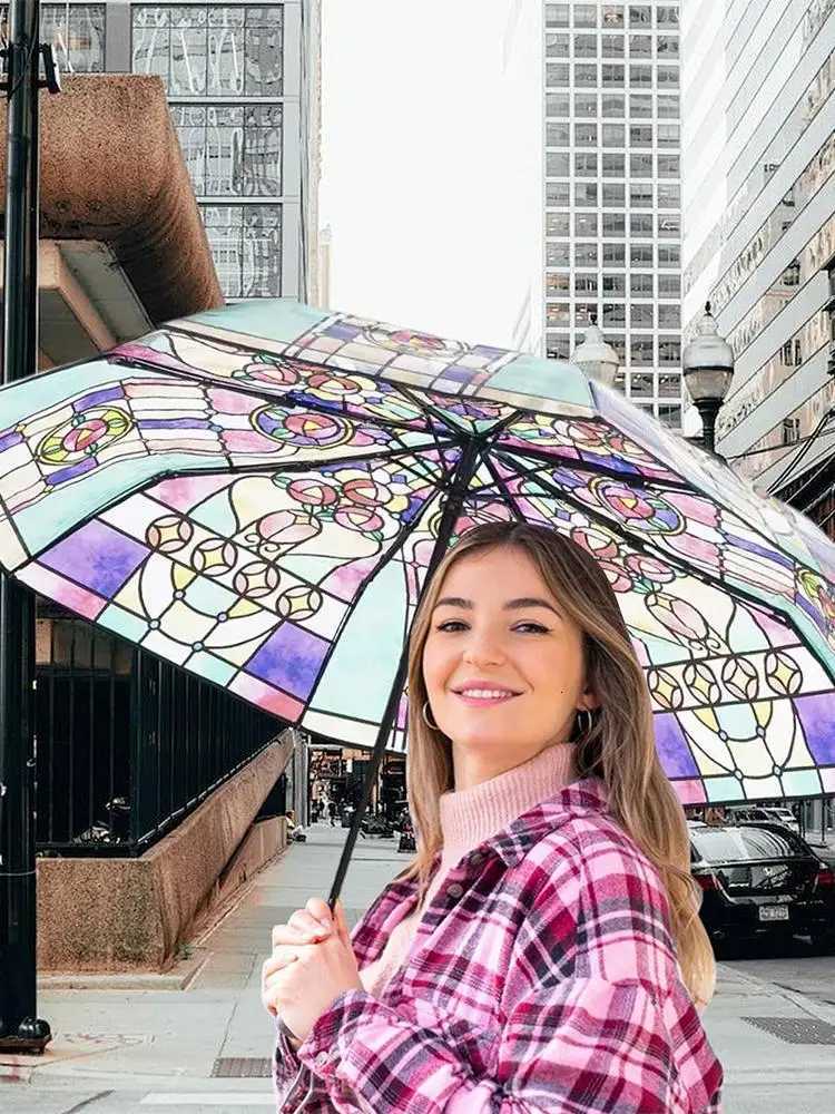 New Design Retro Palace Style Stained Glass Long Handle Automatic Auto Open Folding Transparent Handle UmbrellaM251122