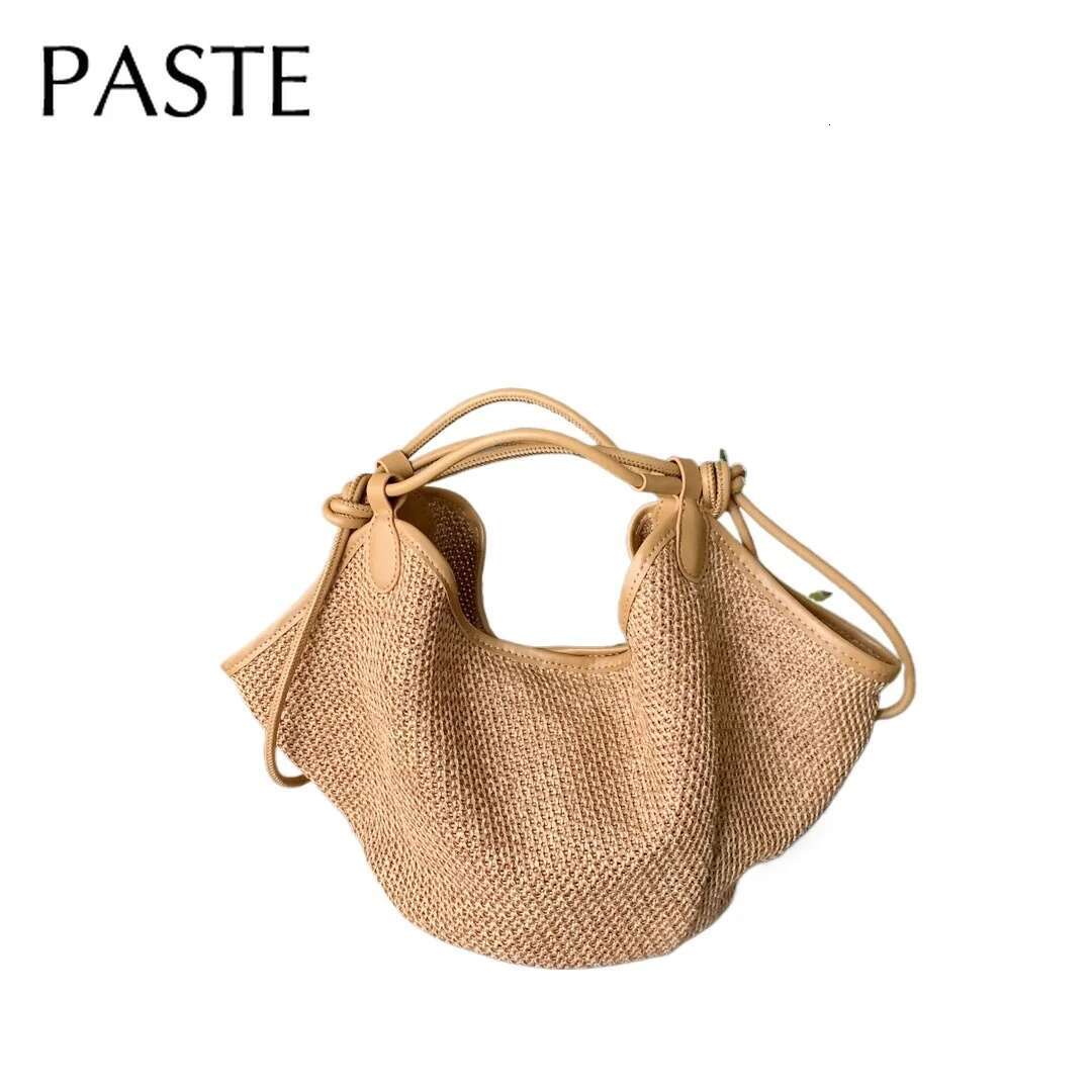 French Lazy Wind Summer Vacation Travel Beach Tote Medium Natural Raffia Straw Yarn Knitting Women Armpit Shoulder Bag