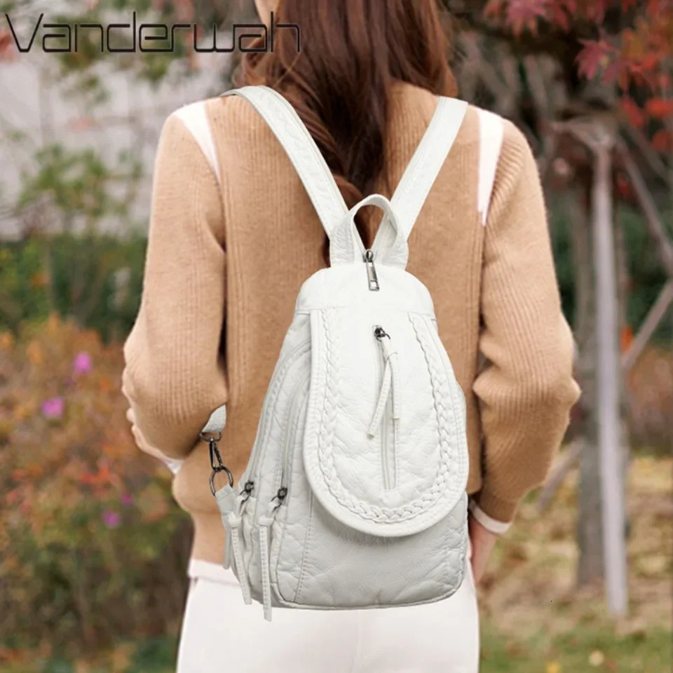 White Backpack For Women Small Shoulder Bag Multipocket Rucksack Ladies High Quality Soft Leather Sac A Dos Casual Teenager 251111