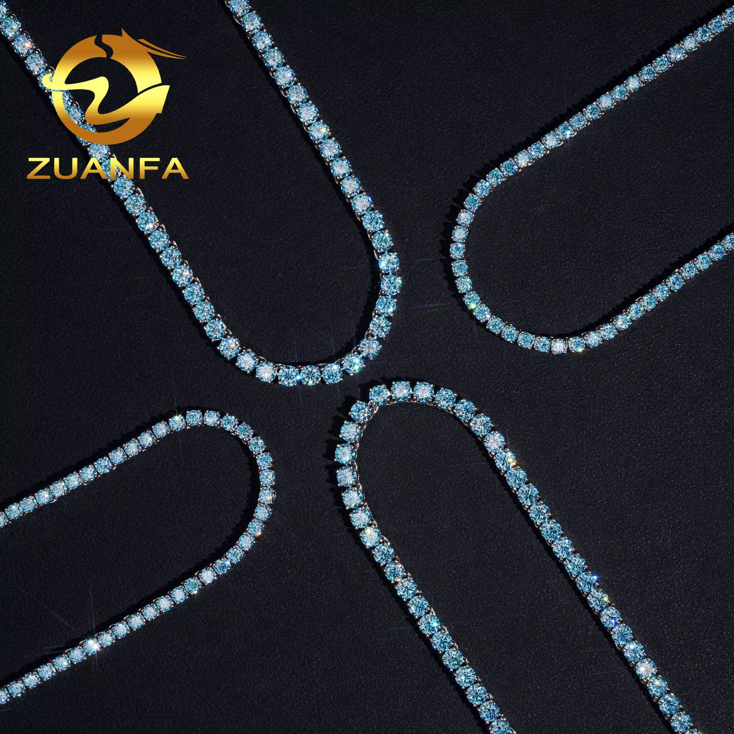 Iced Out Hip Hop Tennis Chain Jewelry Wholesale 3MM 4MM Aquamarine Sea Blue Moissanite Diamond Moissanite Necklace