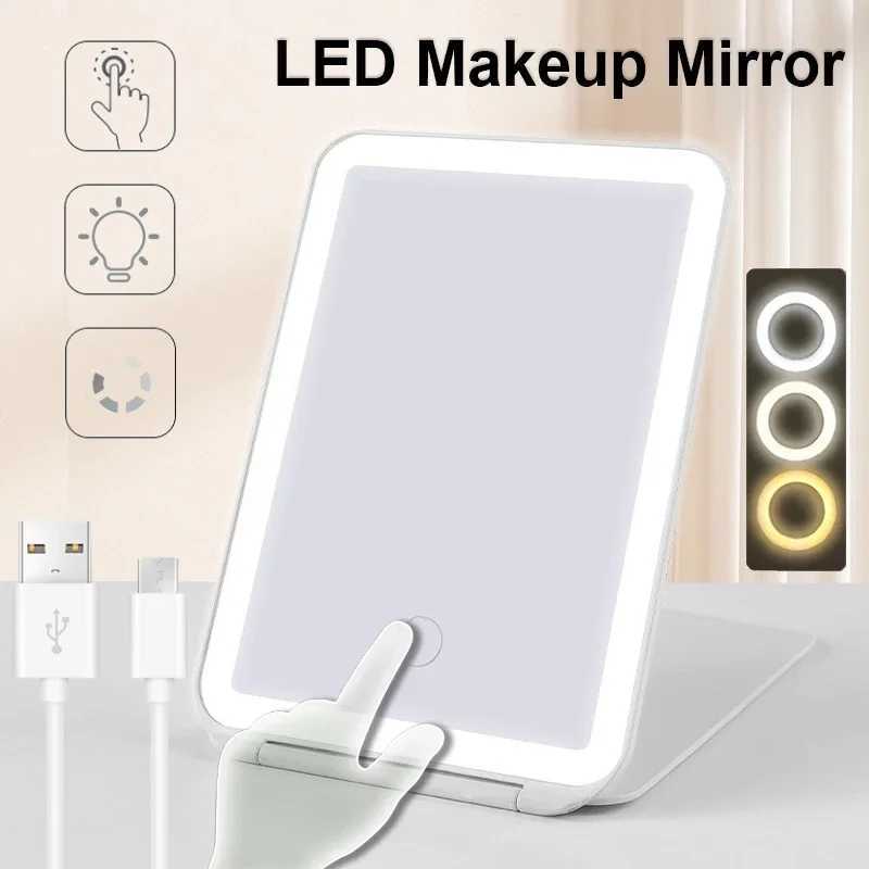Portable Vanity Mirrors 3 Color LED Light Dimmable Touch Screen Makeup Mirror Rechargeable Foldable Tabletop Light Up Mirror M251122
