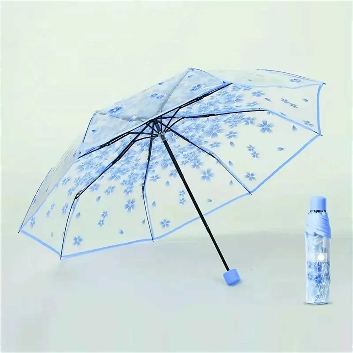Korean Umbrella Cute Mini Fresh and Three-Fold Japanese Cherry Blossom Transparent Umbrella Rainproof and WindproofM251122