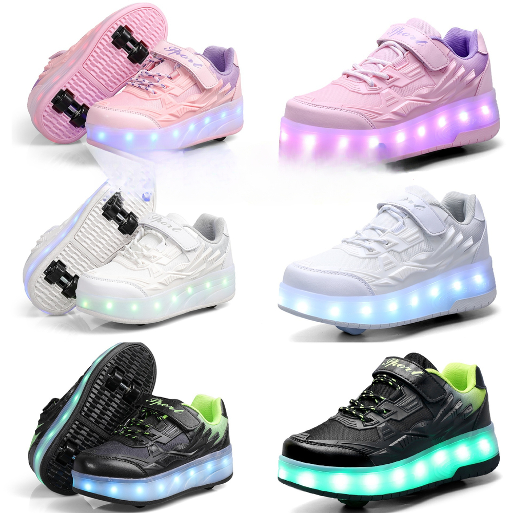 Four wheeled high heels with luminous shoelaces that can be charged with electric lights, fashionable trendy shoes, fashionable casual children's