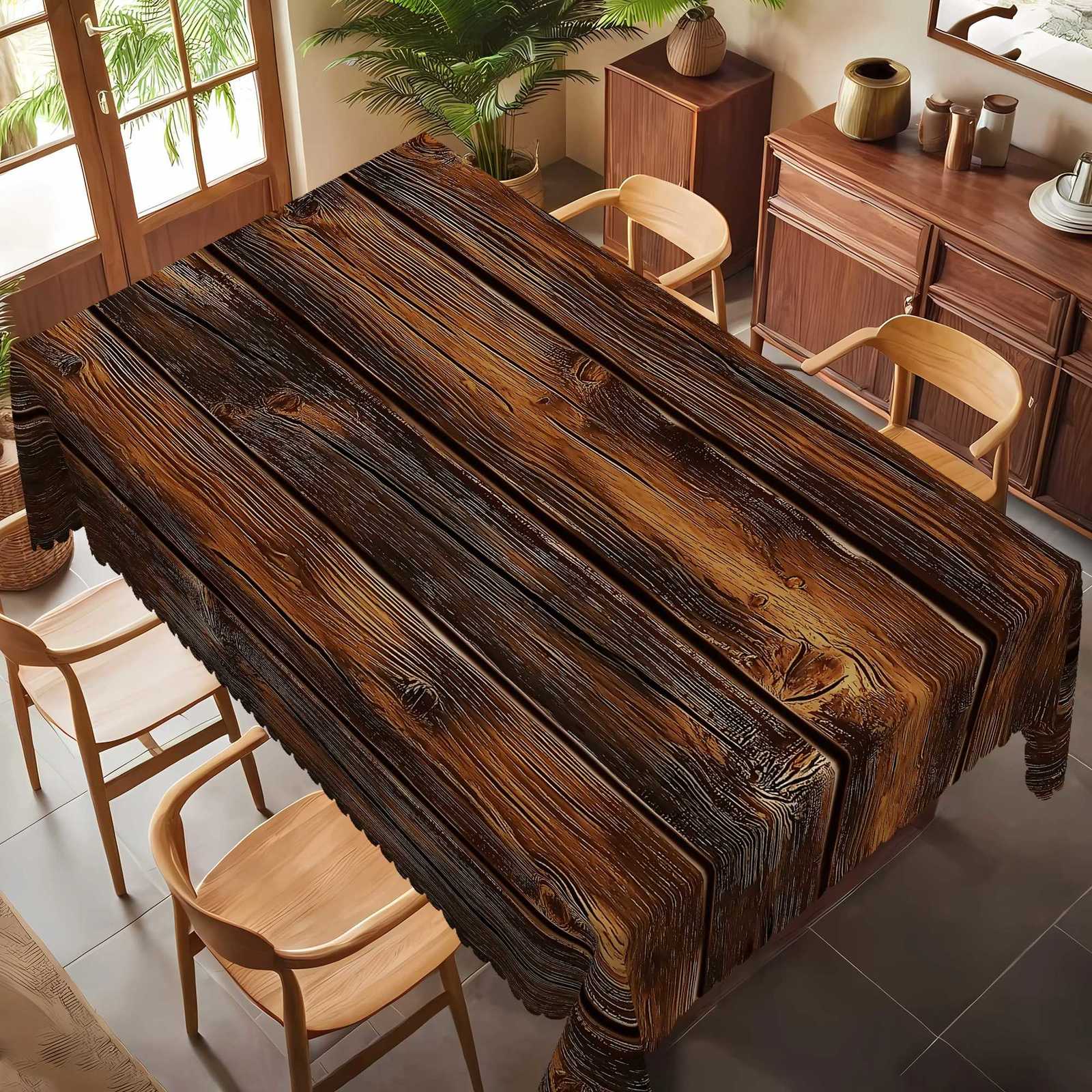 1pc Wood Grain Tribes Style Polyester Tablecloth with Scalloped Edge Suitable for Home Kitchen Decor Room Decoration C251122