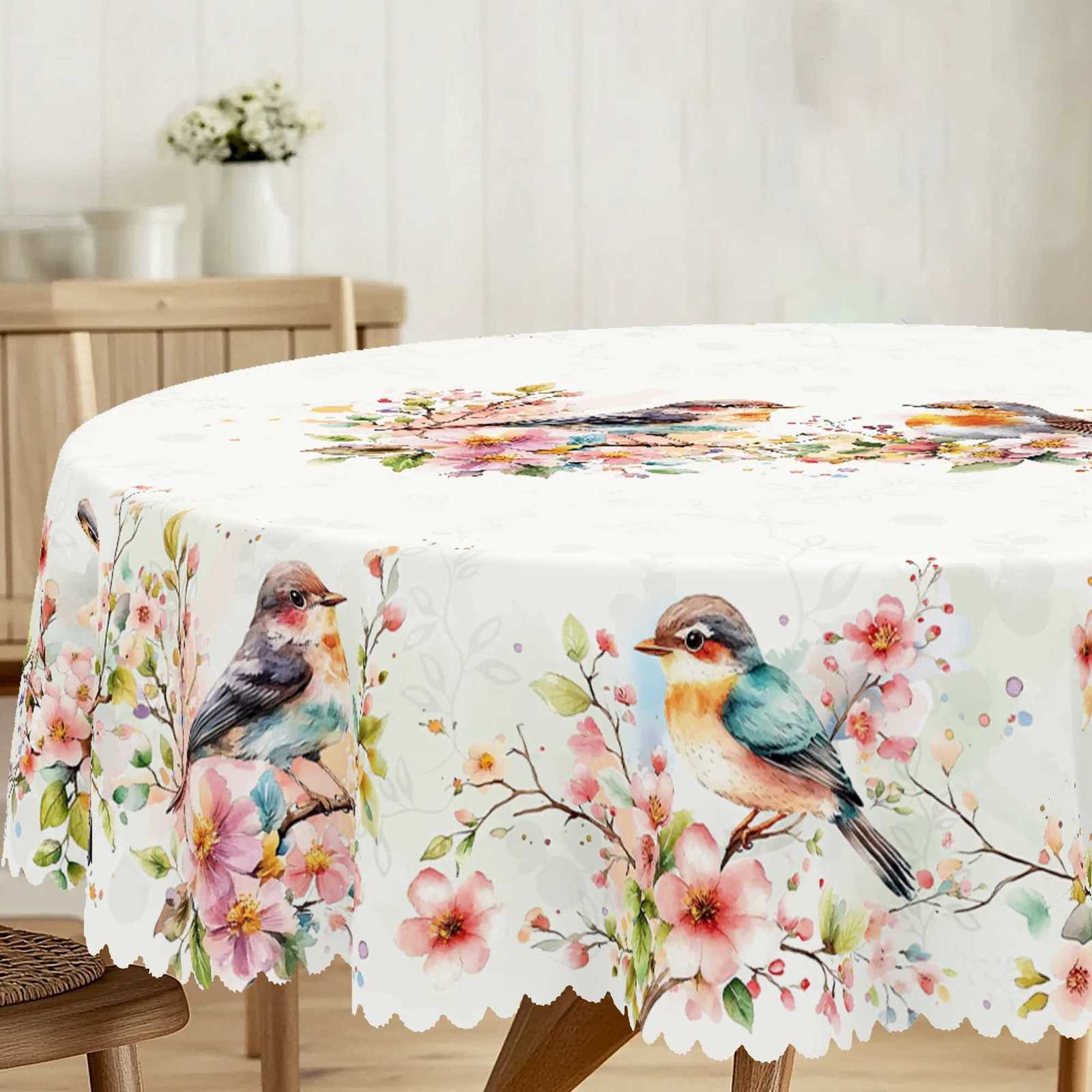 1 Piece of Spring Flower and Bird Round and Rectangular Tablecloths Various Sizes Available Spring Flower and Bird Pattern Printed Decorative Tableclo