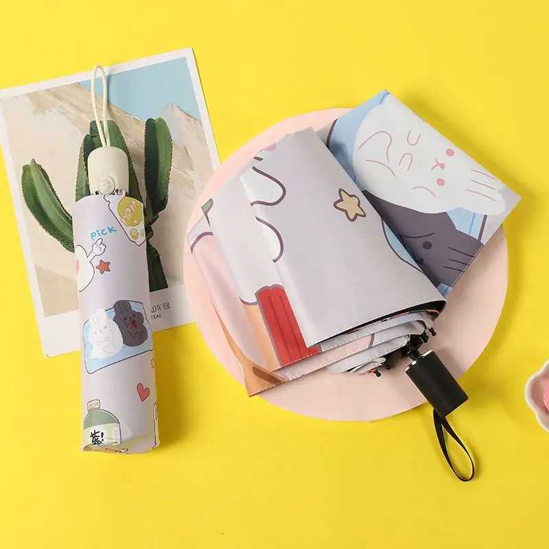 Cartoon Cute Cat Umbrella Summer Essential Foldable Triple Auto Open Umbrella for Students Sun Rain Dual UseM251122