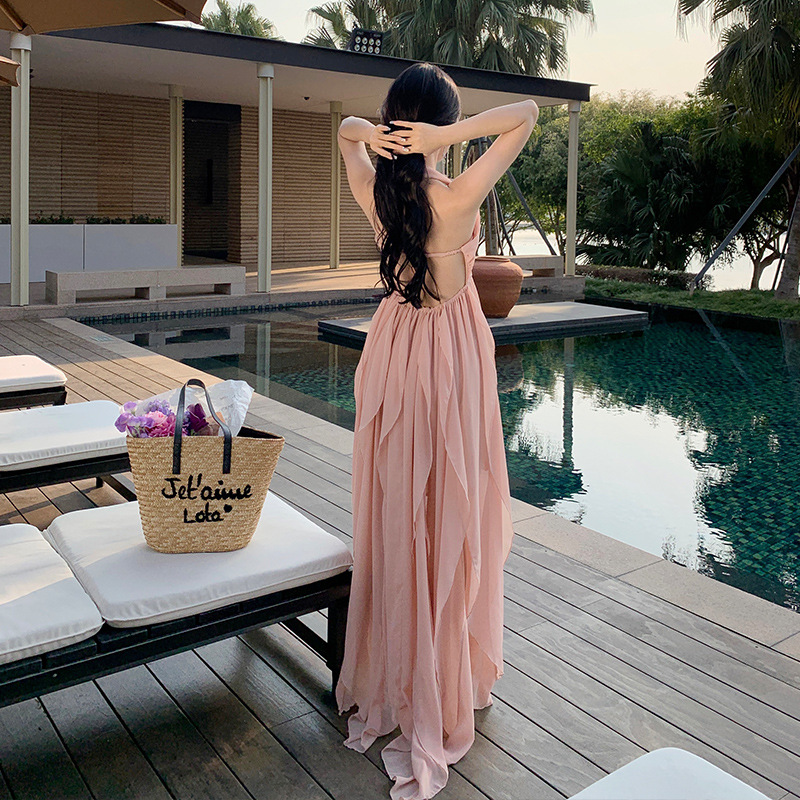 Designer Casual Dresses Elegant Sweet Style dress Summer Halterneck Strapless Chiffon Floor-length Backless Asymmetrical Elastic Waist Dress for Party
