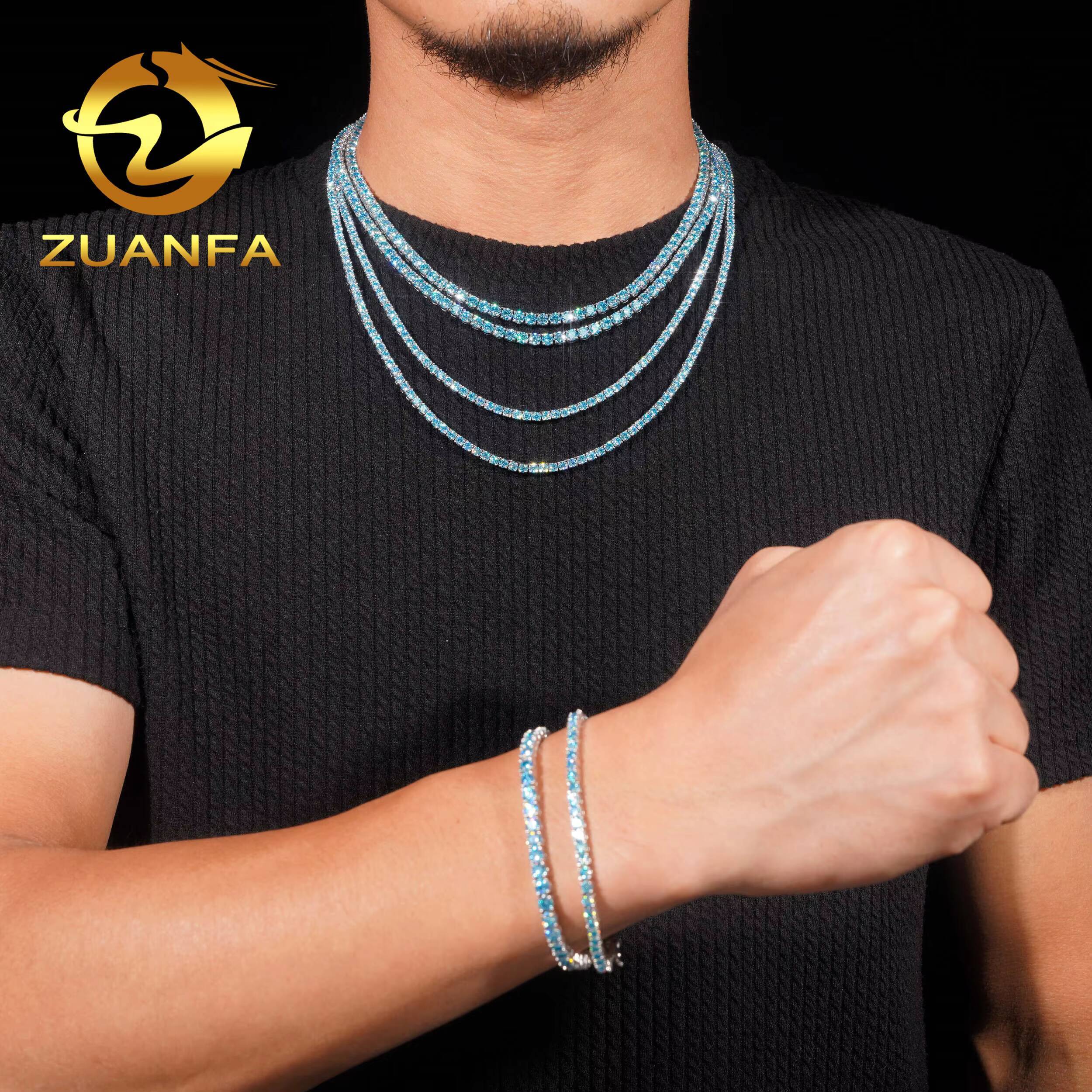 Iced Out Hip Hop Tennis Chain Jewelry Wholesale 3MM 4MM Aquamarine Sea Blue Moissanite Diamond Moissanite Necklace