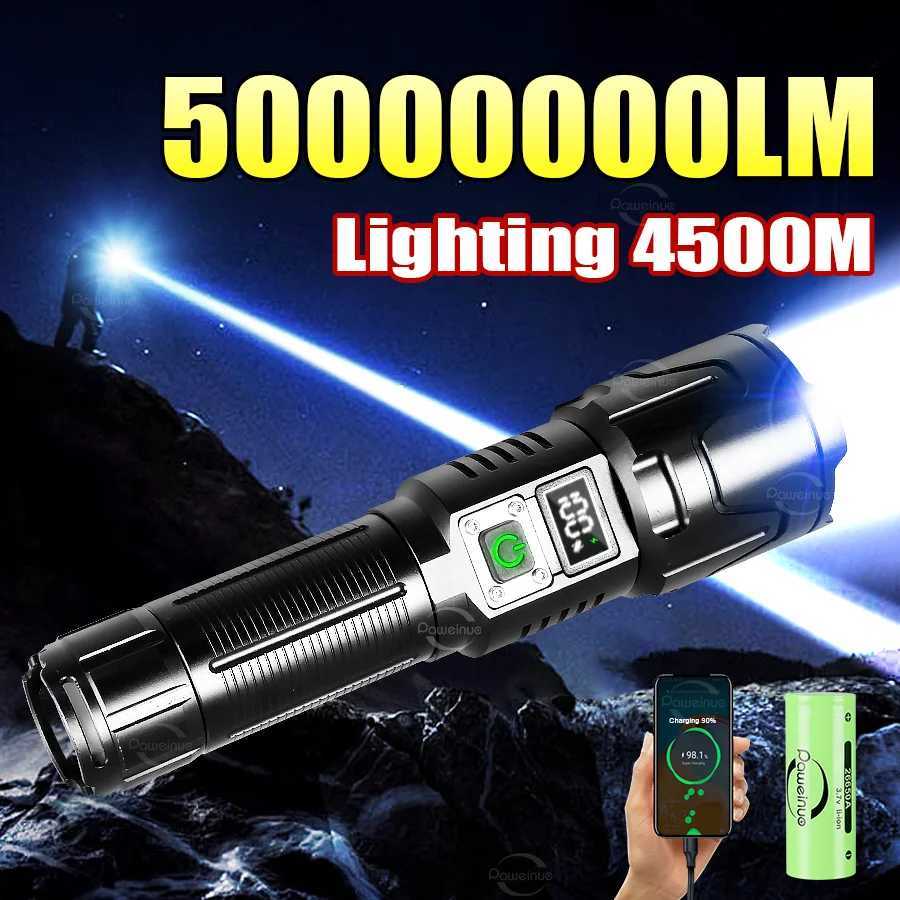 PAWEINUO Most Powerful LED Flashlight 5000000LM Super Bright Rechargeable Torch Light Zoom Long Range 4500M Camping Fishing Lamp C251122