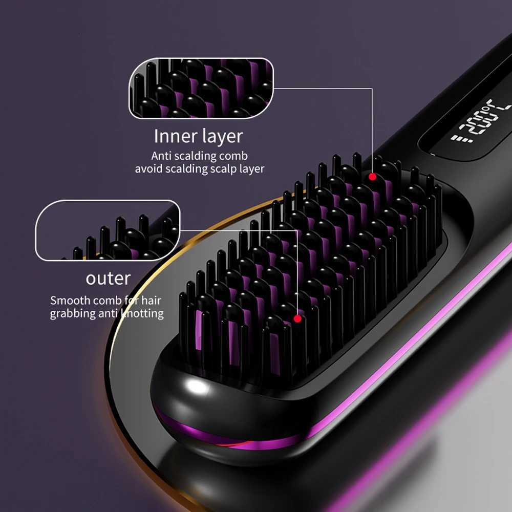 USB Electric LCD Ceramic Heating Straight Hair Comb Wireless Portable Negative Ion Styling Tool Rechargeable Straightening BrushT251122