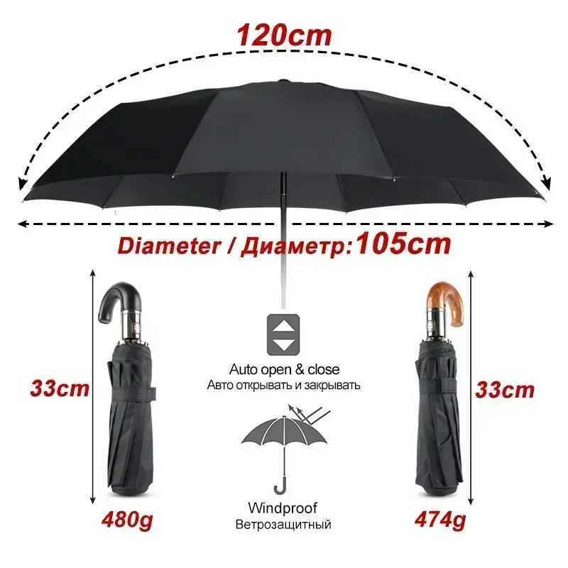 British Leather Handle Umbrella Men Automatic Business 10Ribs Strong Windproof 3 Folding Big Umbrella Rain Woman Quality ParasolM251122