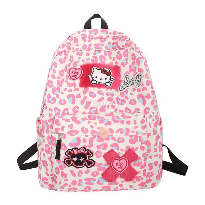 Sanrio Cute Leopard Print Backpack Japanese Style Cute Girl Hello Kitty Cartoon Girl Student Backpack H251122