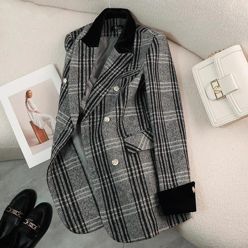 Autumn Winter Blazer Coats Woolen Jackets Long Sleeve Plaid Print Vintage Thick Outerwears Elegant Jaqueta Feminina 251112