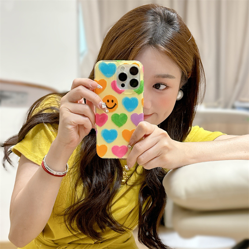 Ins Style Colorful Heart Smiley Face Compatible with iPhone 16/15 Pro Max Phone Case Handheld Chain