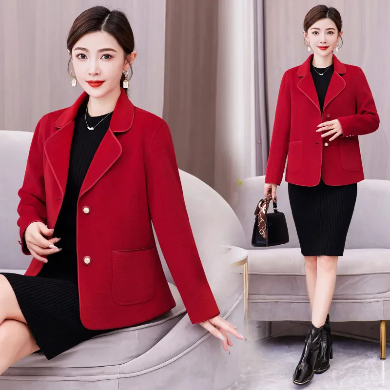 DoubleSided Woolen Coat Women 2026 Autumn Winter Fashion Pocket MiddleAged Mom Slim Short Wool Jacket Female Outwea B1392 251112