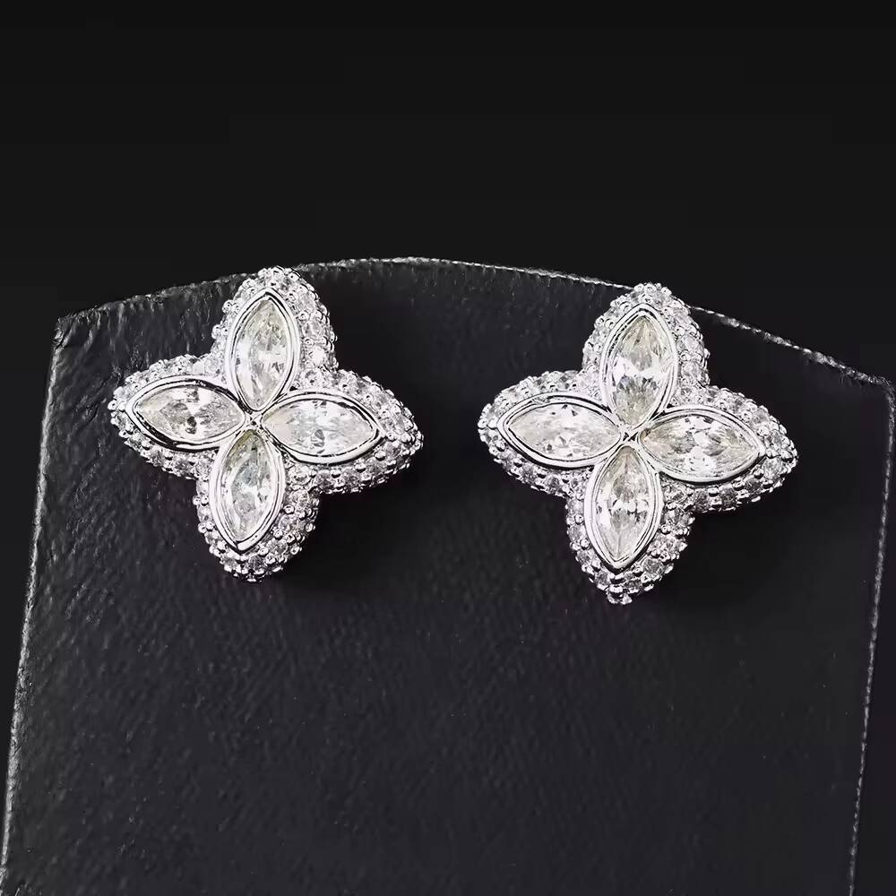Wholesale Marquise Ear Studs Vvs Moissanite Iced Out Diamond Hip Hop Jewelry 925 Silver Clover Stud Earrings