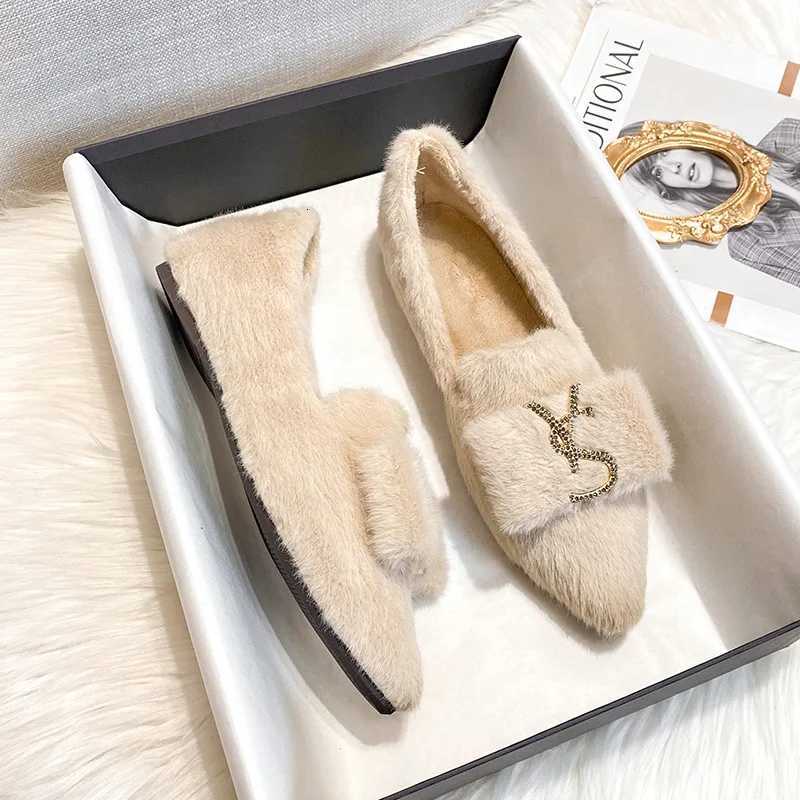 Flats Shoes for Women 2024 New Autumn Pointed Flat Mink Fur Winter Shoes Velvet Womens Loafers Ladies Shoes Plus Size 41 42 43 X251122