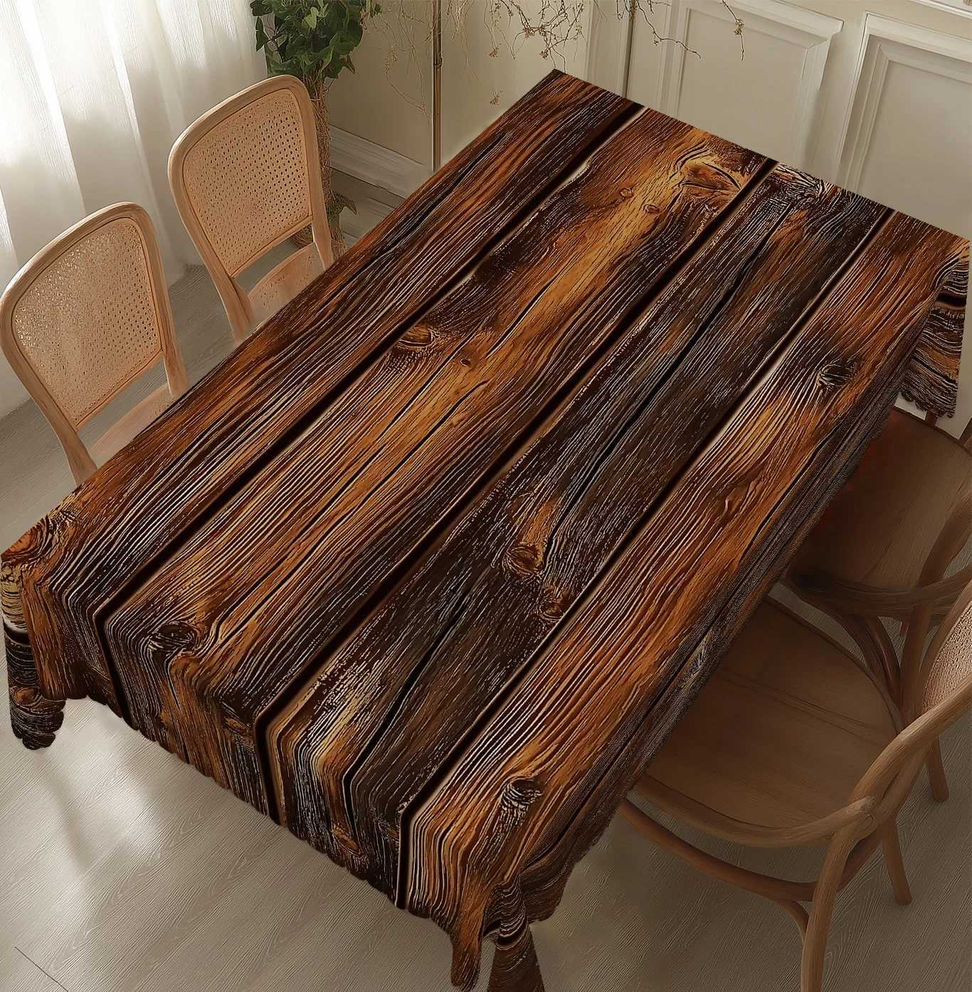 1pc Wood Grain Tribes Style Polyester Tablecloth with Scalloped Edge Suitable for Home Kitchen Decor Room Decoration C251122