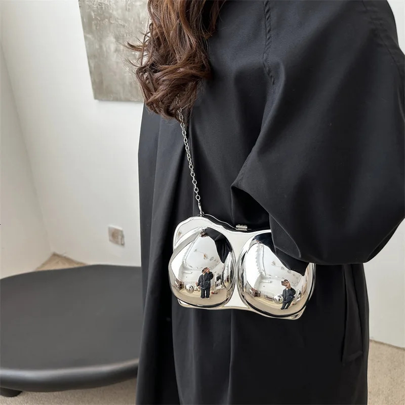 Party Purse Chest Shape PVC Bag For Women Mini Crossbody Bag Metal Chain Shoulder Bag Gold Silvery Lipstick Pouch 250421