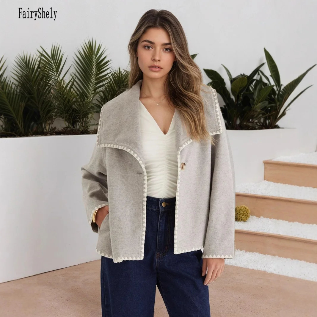 2025 Autumn Winter Gray Plush Cropped Jacket Women Casual Warm Turn down Collar Short Coat Lady Solid Thick Button Cardigan 251112