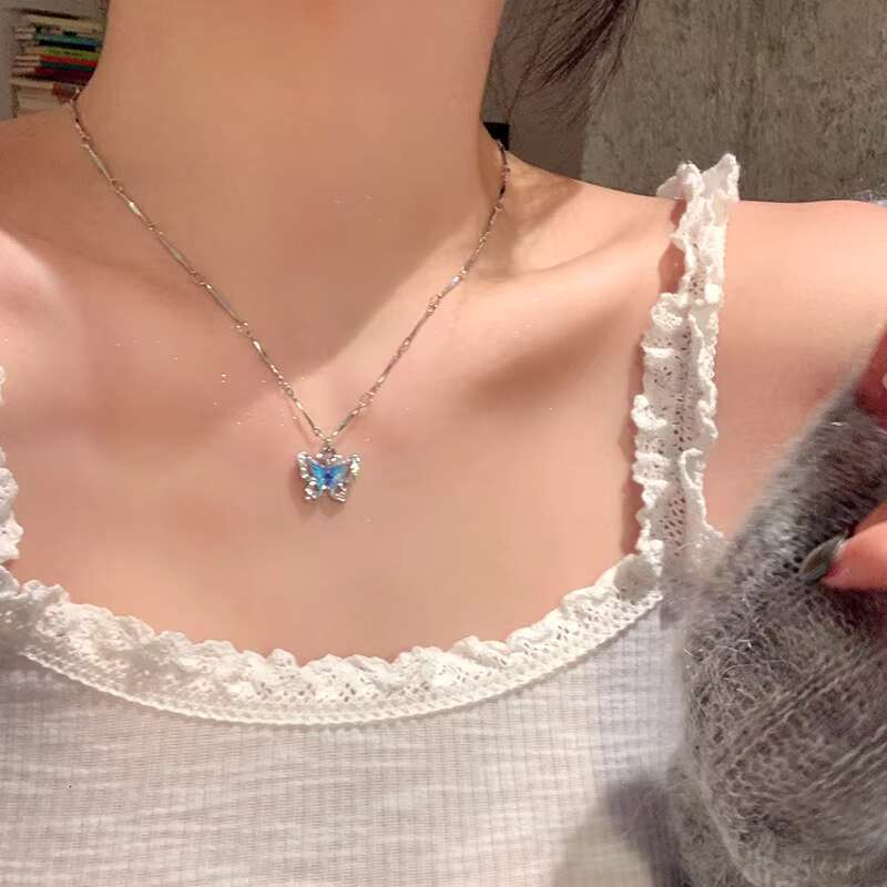 Double Layer Wear Blue butterfly Zircon Necklace Light High Sense Clavicle Chain Fashion Design Niche Accessories