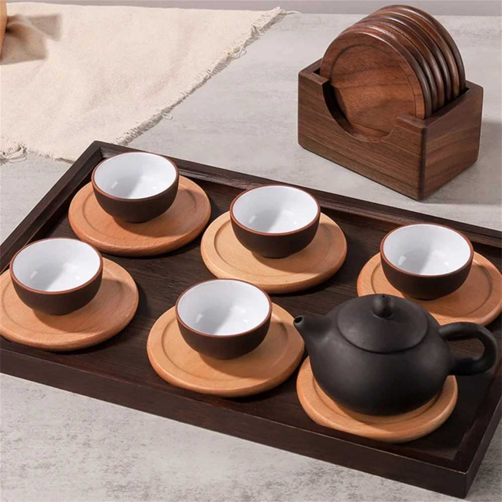 6pcs/set Walnut Wood Coasters Placemats Decorative Round Insulated Japanese Beverage Coasters Home Decor C251122