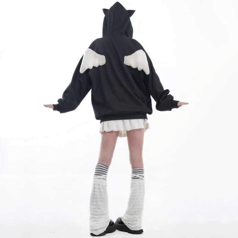 Autumn Kawaii Hoodie Womens Cat Ear Hoodie Sportswear Young Girl Y2K Plush Angel Wing Zipper Hoodie Halloween Party Costume M250422
