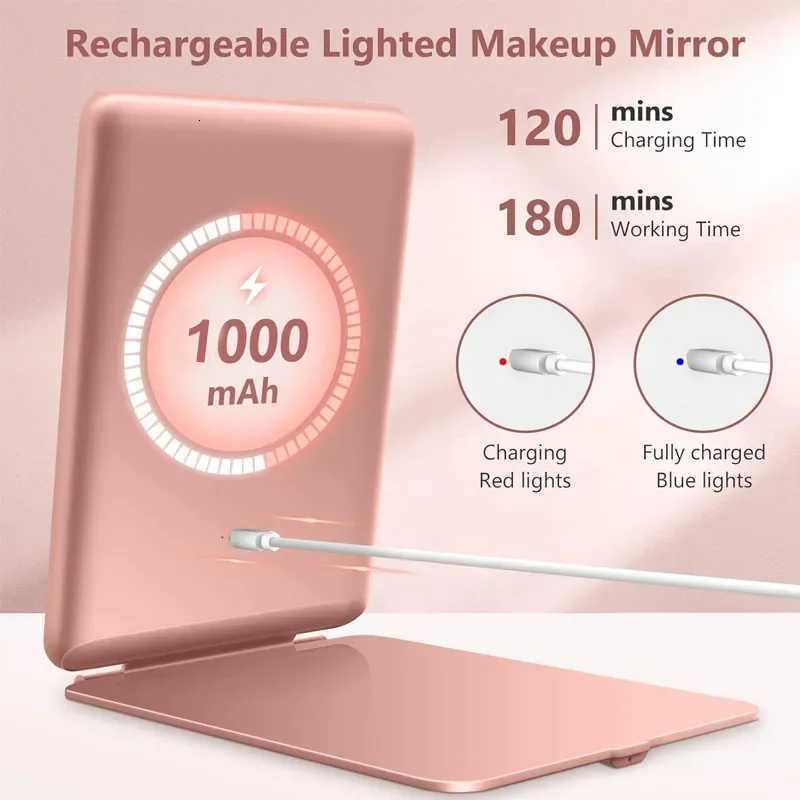 Portable Vanity Mirrors 3 Color LED Light Dimmable Touch Screen Makeup Mirror Rechargeable Foldable Tabletop Light Up Mirror M251122