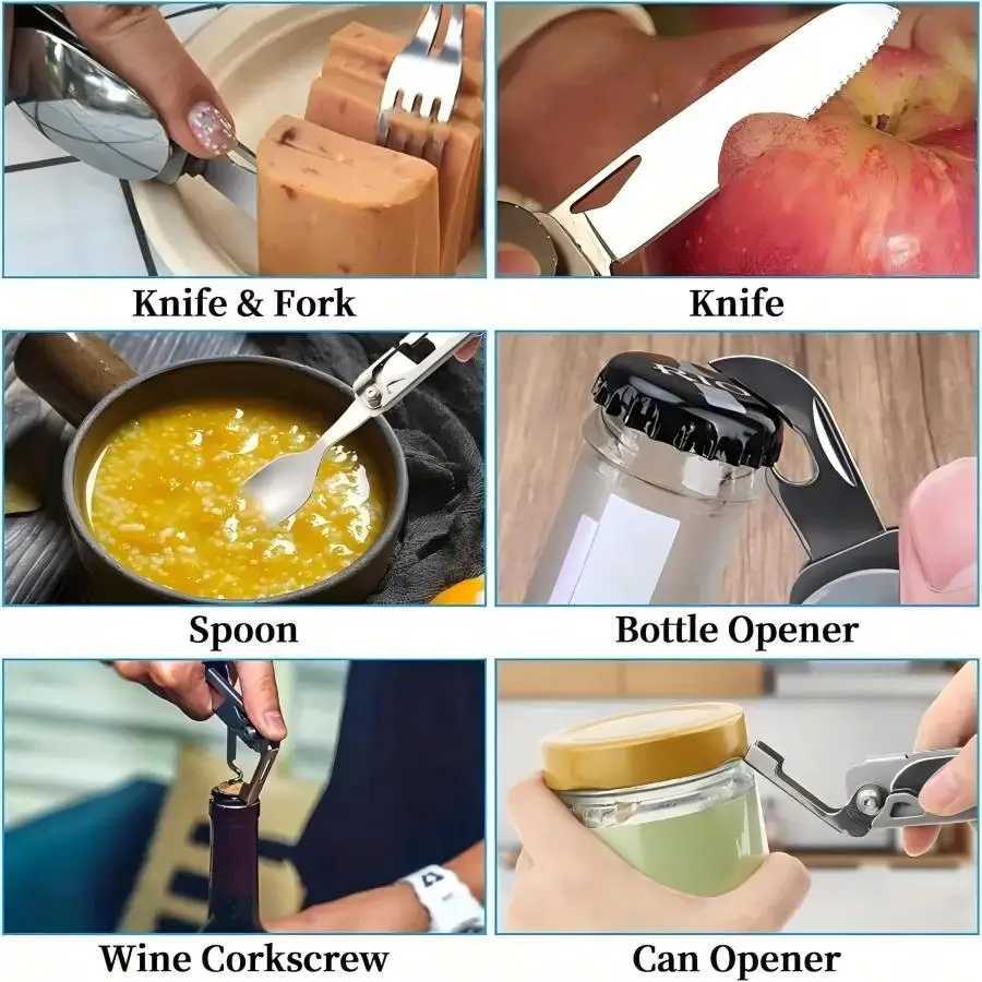 1 pc 6 in 1 Multifunctional Folding Outdoor Tableware Camping Portable Meal Knife Fork Spoon Bottle Outdoor Camping Cookware J251121